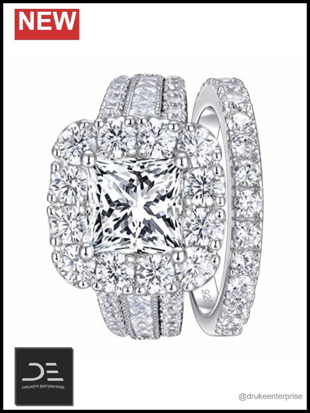 Vintage 925 Sterling Silver 4Ct Princess Cut CZ Bridal Engagement Ring Set